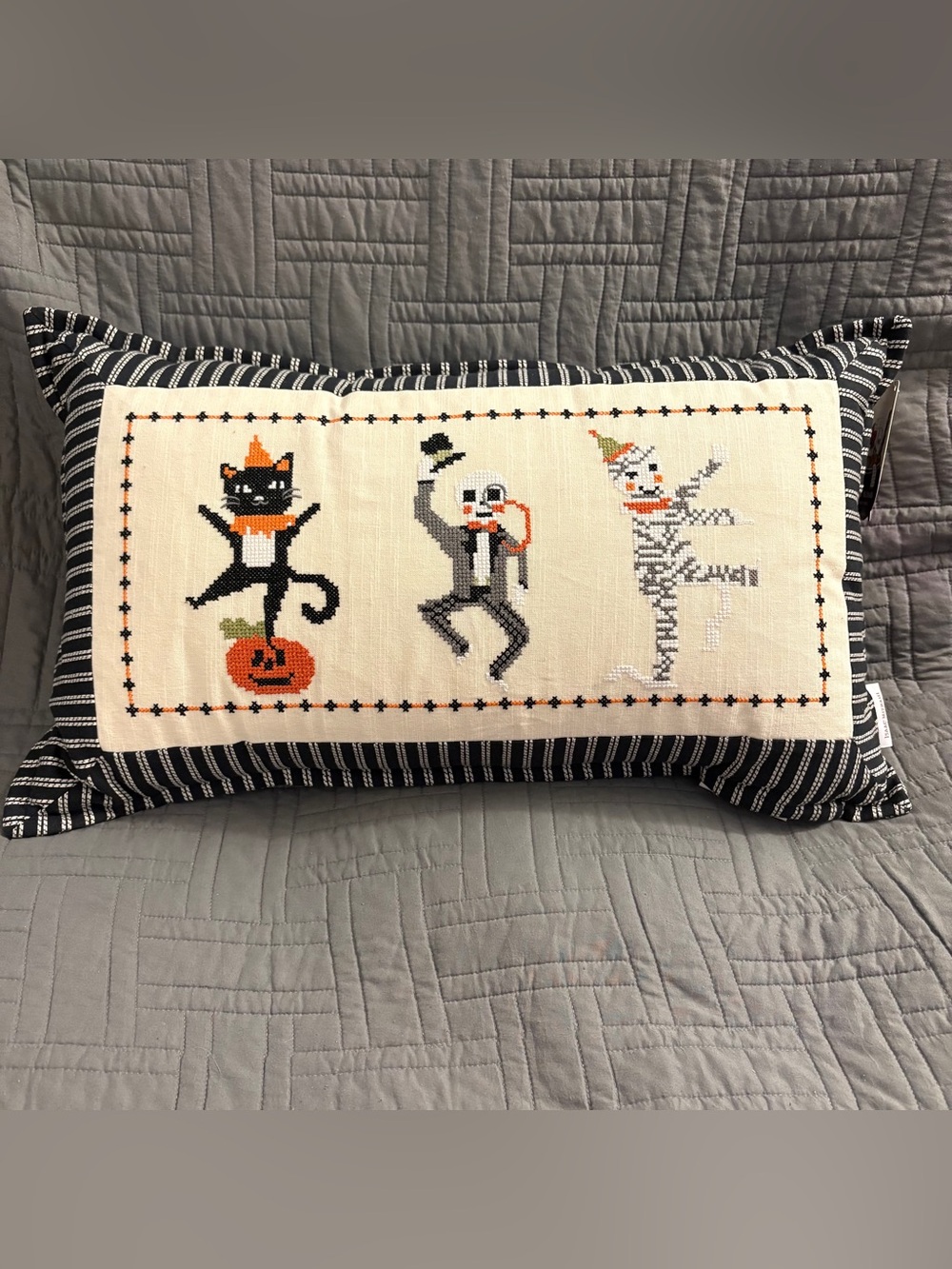 Isaac Mizrahi Needlepoint Vintage Style Halloween Pillow Black Cat, Skeleton